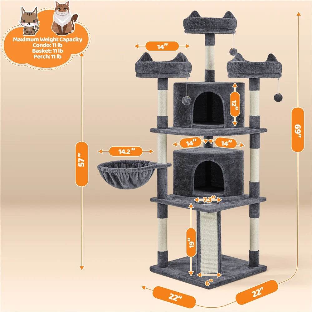 Renwick 69in Large Cat Tree Tower with Condos & Scratching Board - Dark Gray