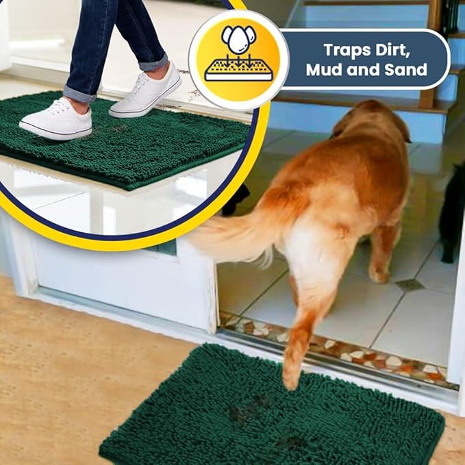 Muddy Mat® AS-SEEN-ON-TV Highly Absorbent Microfiber Dog Door Mat and Pet Rug, Non Slip Thick Washable Area and Bath Mat Soft Chenille for Kitchen Bathroom Bedroom and Indoor- Dark Green Large 35"X24"