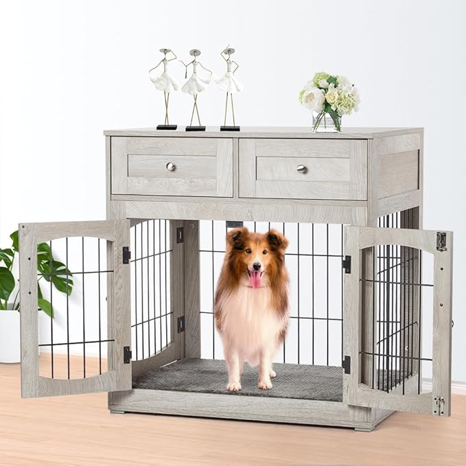 Dog Crate Furniture for Large Dogs, Wooden Dog Kennel Indoor with Double Doors, Dog Cage with Cushion & Drawers, Dog House Side End Table for Large Medium Dogs up to 70 lb, 39.4ā L, Grey