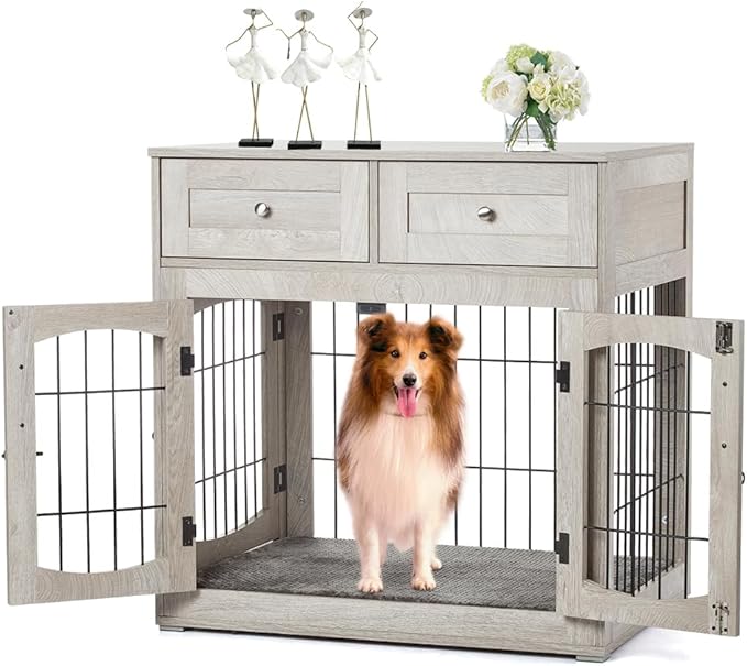 Dog Crate Furniture for Medium Dogs, Wooden Dog Kennel Indoor with Double Doors, Dog Cage with Cushion & Drawers, Dog House Side End Table for Small Medium Dogs up to 45 lb, 31.5ā L, Grey