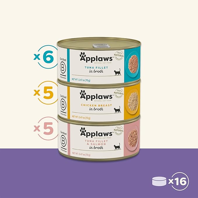 Applaws Natural Wet Canned Cat Food, Made with Limited and Natural Ingredients, Real Protein with No Artificial Additives, Variety Pack in Broth (16 x 2.47oz Cans)