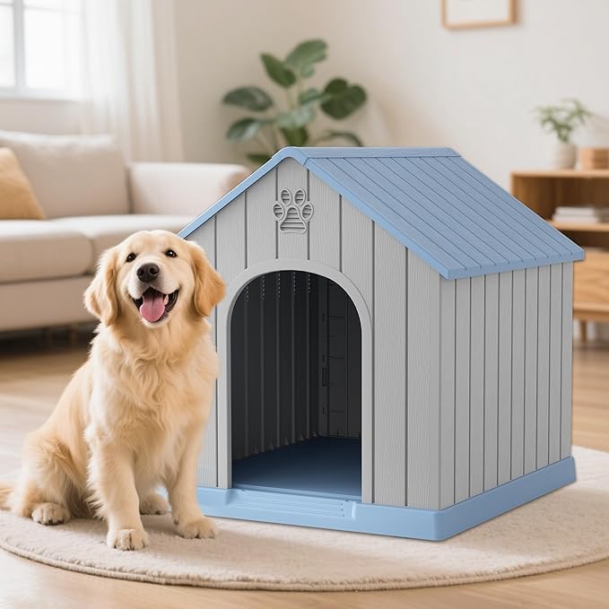 Large Outdoor Plastic Dog House - Indoor Outdoor Use for Medium & Large Dogs, Durable Waterproof Doghouse with Air Vents, Elevated Floor, Easy to Clean & Assemble(Blue2, 36.2''LĂ38''WĂ38''H)
