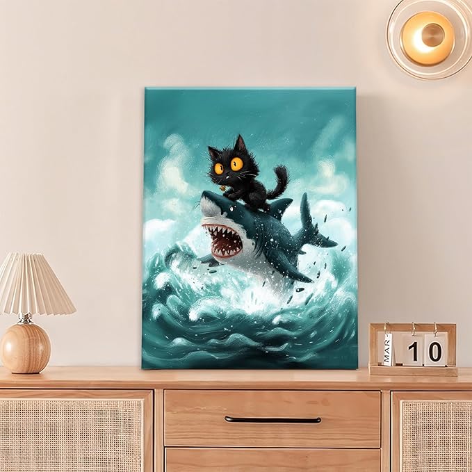 Funny Black Cat Bathroom Wall Art Cute Cat Riding Shark Canvas Wall Decor Animal Kitten Pictures Painting Print Artwork Framed Decorations Gifts for Cat Lover Kids Room Bedroom 16"x20"