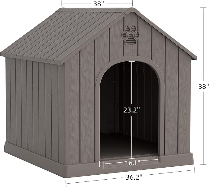 Large Dog House Outdoor Indoor for Medium Large Dogs, Durable Plastic Waterproof Doghouse with Air Vents and Elevated Floor, Easy Clean and Assemble (Grey, 36.2''LĆ38''WĆ38''H)