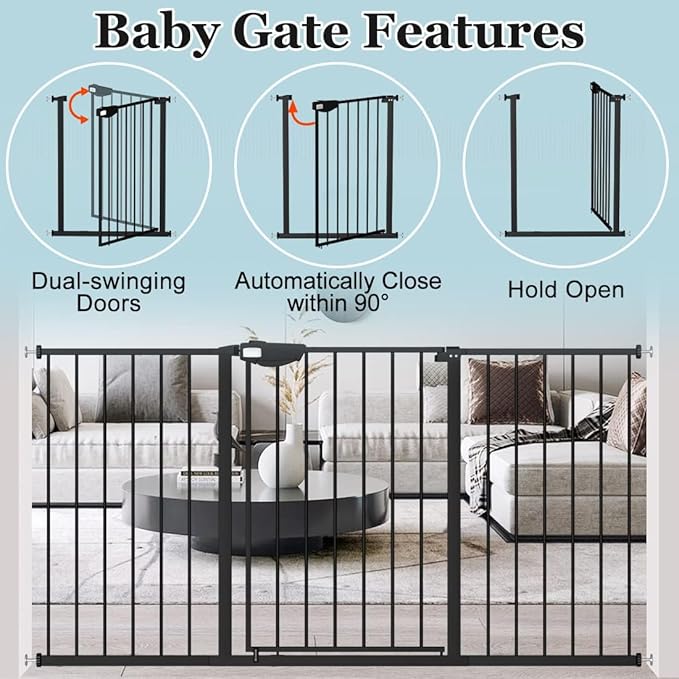 WAOWAO Triple Lock Baby Gate Extra Wide 35.04-38.97" Pressure Mounted Walk Through Swing Auto Close Safety Black Metal Dog Pet Puppy for Stairs