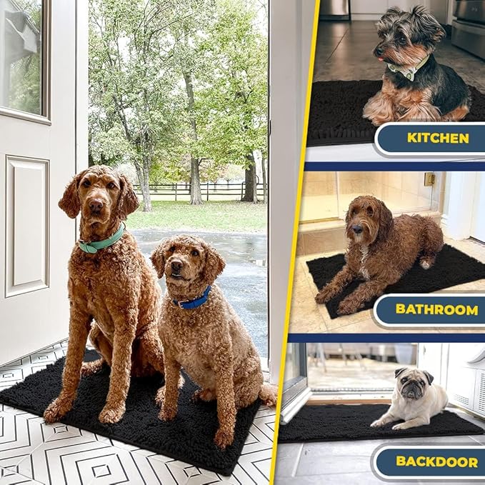 Muddy Mat® AS-SEEN-ON-TV Highly Absorbent Microfiber Door Mat and Pet Rug, Non Slip Thick Washable Area and Bath Mat Soft Chenille for Kitchen Bathroom Bedroom Indoor and Outdoor-Black Runner 24"X60"
