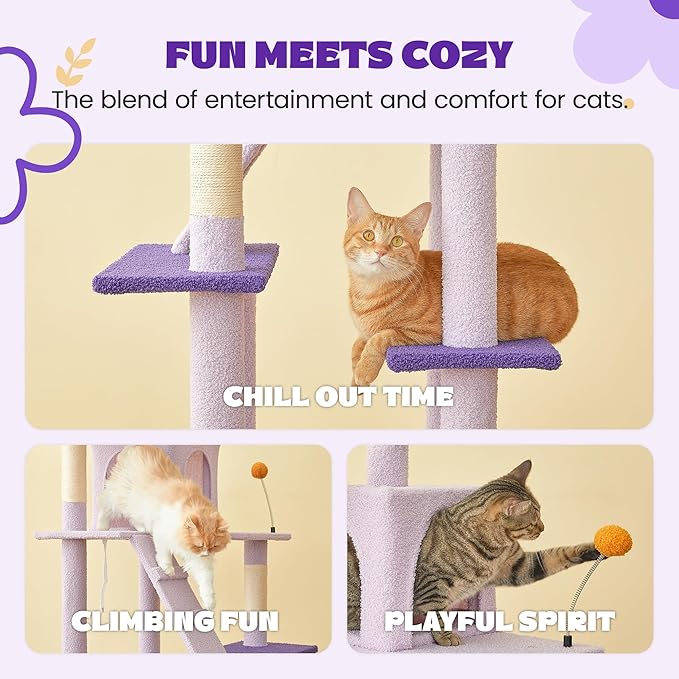 MWPO Flower Cat Tree for Indoor Cats, 63.8 Inches Multi-Level Cat Tower with Sisal-Covered Scratching Posts, Padded Platform, Hammock, Dangling Toys, Stable Cat Condo Pet Play House