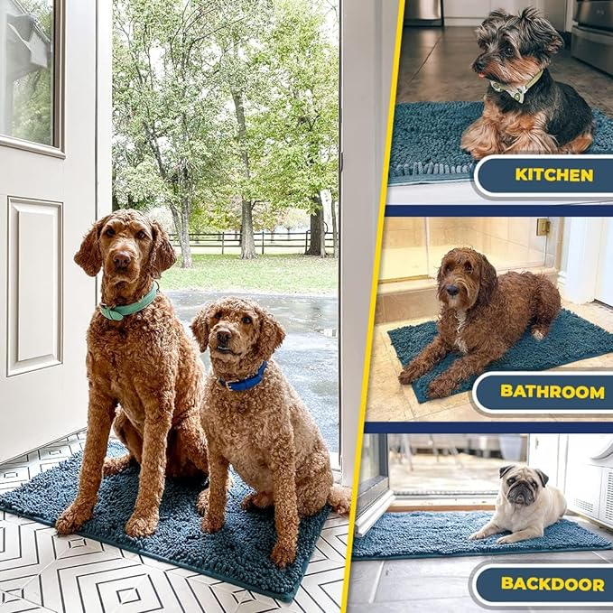 Muddy Mat® Pack of 3 Highly Absorbent Microfiber Dog Door Mat and Pet Rug, Non Slip Thick Washable Area Mat Soft Chenille for Kitchen Bathroom Bedroom and Outdoor - Atlantic Blue Small, Medium & Large