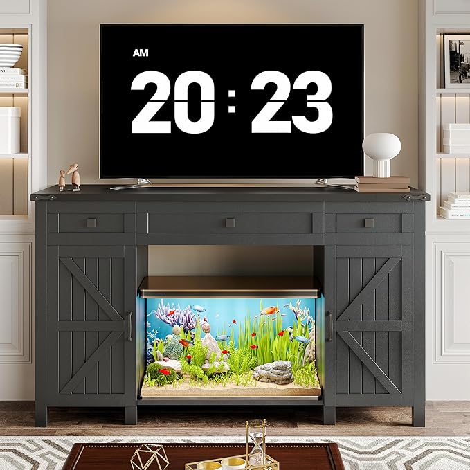 55-75 Gallon Aquarium Stand With Charging Station, Farmhouse Fish Tank Stand, Reptile Tank Stand Terrarium Stand with Drawer and Cabinet Storage, Sturdy Heavy Duty 53.5"Ć19.7" Tabletop - Black