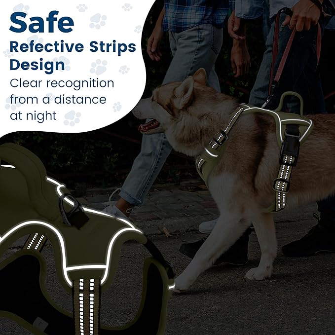 Funfox Dog Harness No Pull, Adjustable Pet Vest Harness, Super Soft Material with Vertical Handle Easy Control, Reflective Night Walking, 2 Leash Clips for Large Dogs, Army Green, L