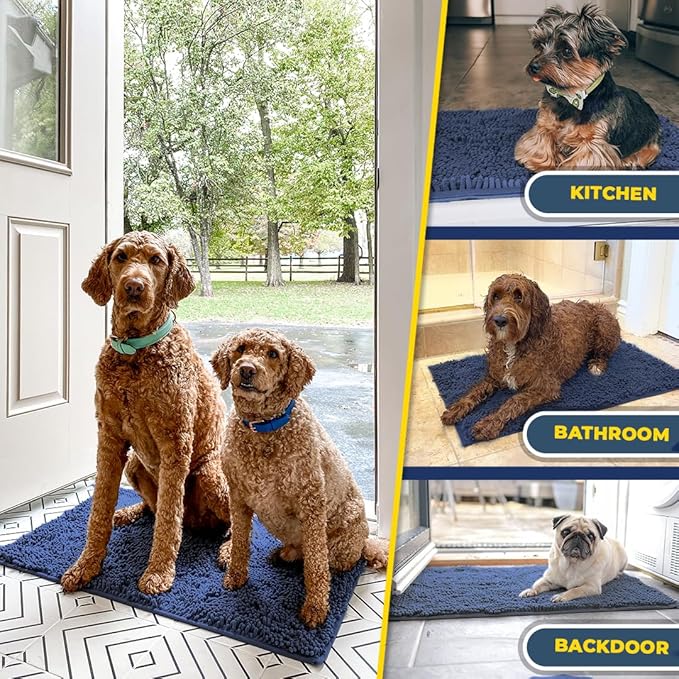 Muddy Mat® Pack of 3 Highly Absorbent Microfiber Dog Door Mat and Pet Rug, Non Slip Thick Washable Area Mat Soft Chenille for Kitchen Bathroom Bedroom and Outdoor - Navy Blue Small, Medium & Large