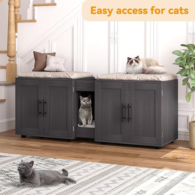 Gaomon Litter Box Enclosure with Double Room,Cat Hidden Litter Box Enclosure Furniture for 2 Cats with Double Room, 55āL x 17.7āW x 22.5āH Cat House,Wooden Enclosed Cat Litter Box Furniture,Walnut