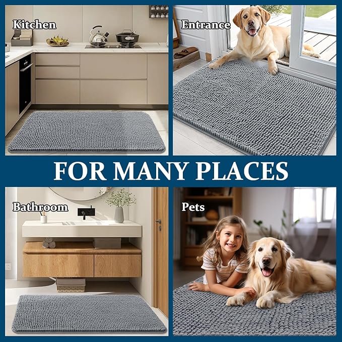 OLANLY Dog Door Mat Set 4-Piece 70x24, Absorbs Moisture and Dirt, Absorbent Non-Slip Washable Doormat, Quick Dry Chenille Mud Mat for Dogs, Entry Indoor Entryway Carpet for Inside Floor, Grey