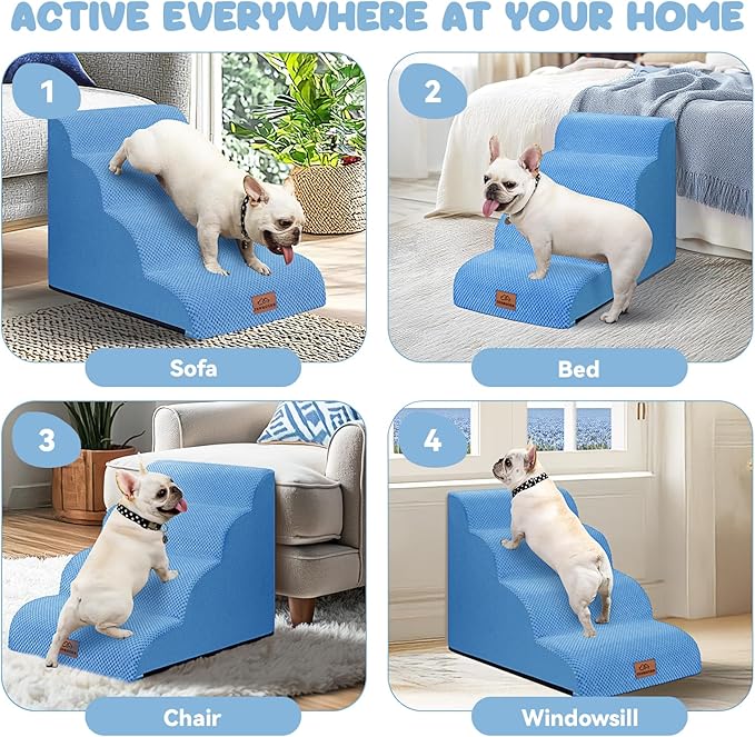 Dog Ramp and Stair for Bed 16" H-20 H,3-Step Cat Stair for Sofa and Chair,4-Step Dog Ramp for High Bed and Window,Durable Nonslip Fabric Cover for Indoor (Blue-20āH, Pet Friendly, 4)