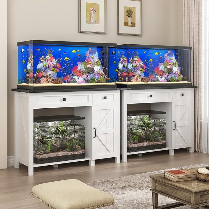 40 Gallon Aquarium Stand With Charging Station, Farmhouse Fish Tank Stand, Reptile Tank Stand Terrarium Stand with Drawer and Cabinet Storage, Sturdy Heavy Duty 41.9"Ć18.3" Tabletop - White