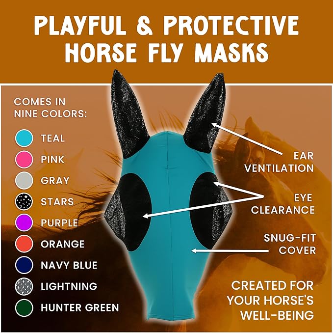 Horse Fly Mask - Arab Equine Fly Mask with Full Coverage for Eye & Ear - Stretchable, UV & Sun Protection Flymask for Horses, Ponies & Mini Horses - Horse Face Cover for Pasture & Trail - Teal