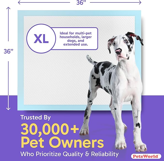 PETSWORLD Giant Dog Potty Pads, Odor-Eliminating, 36" x 36", Ultra Absorbent 5-Layer Leak-Proof Training Pads for Dogs & Cats (36x36, 150 Count)