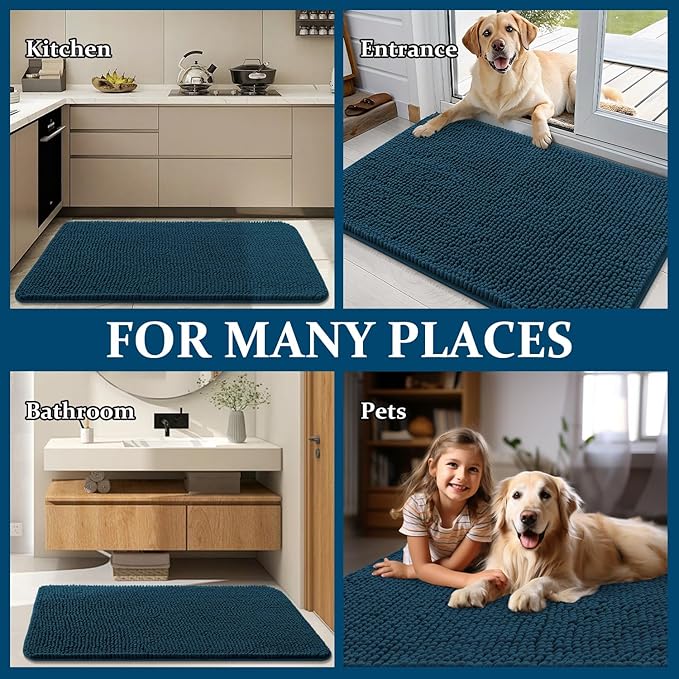 OLANLY Dog Door Mat for Muddy Paws 59x24, Absorbs Moisture and Dirt, Absorbent Non-Slip Washable Doormat, Quick Dry Chenille Mud Mat, Entry Indoor Entryway Carpet for Inside Floor, Atlantic Blue