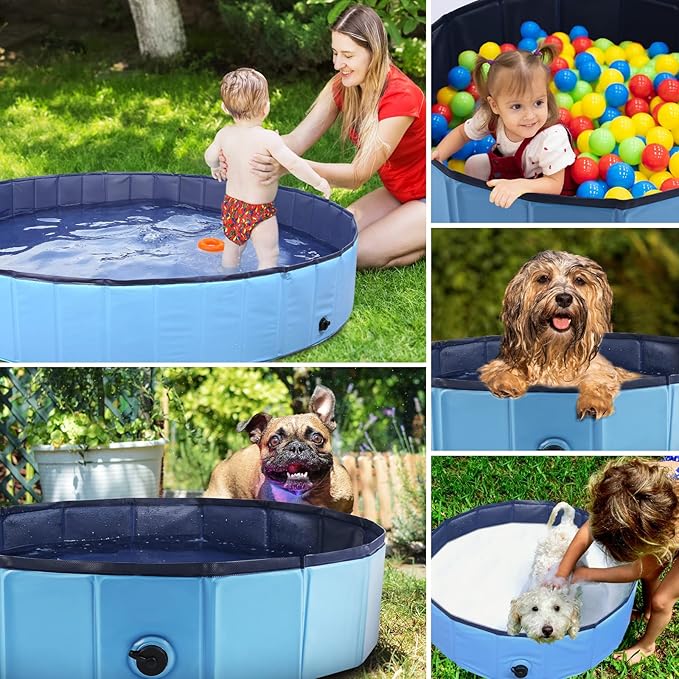 Foldable Dog Bath Swimming Pool Plastic Kiddie Pool Professional Tub Collapsible Grooming Bathtub for Pets Kids Baby and Toddler, 48 x 12 Inches Blue