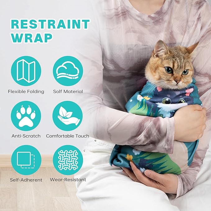 Cat Grooming Wrap, Cat Wrap for Cutting Nails, Self-Adherent Fabric Wrap for Cats, Cat Burrito Wrap Anti-Scratch, Anti-Escape, Multifunctional Swaddle Wrap Pet Tool 27.5Ć27.5"