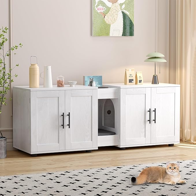 Gaomon Litter Box Enclosure with Double Cage, Cat House,Hidden Litter Box Enclosure Furniture for 2 Cats, Wooden Enclosed Cat Litter Box Furniture,55āL x 17.7āW x 22.5āH,White