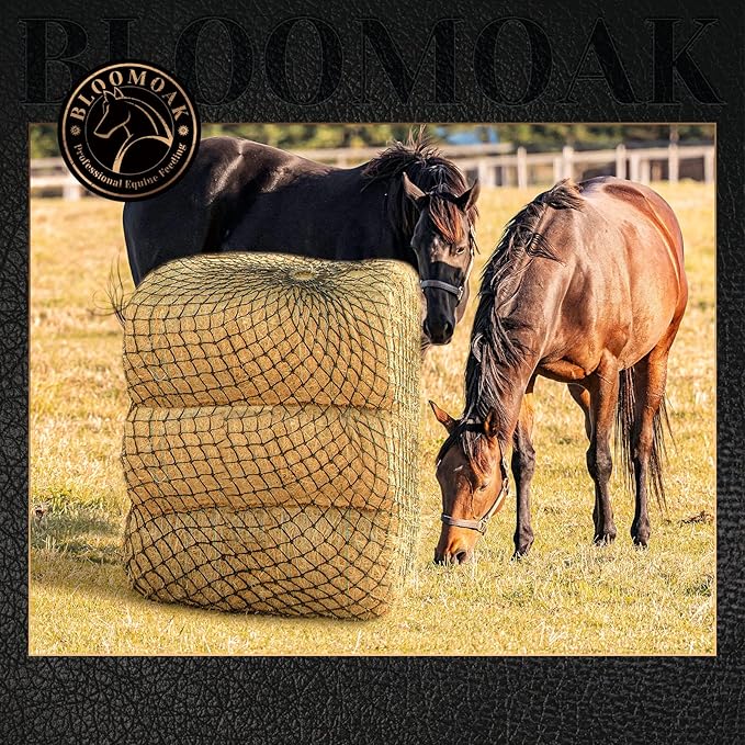 Bloomoak Slow Hay Net Feeder for Horses, Durable Soft Black PE 2String Hay Bales Bags with 2" Hole, Fit 36 * 18 * 18" Square Bale EasilyâŚ