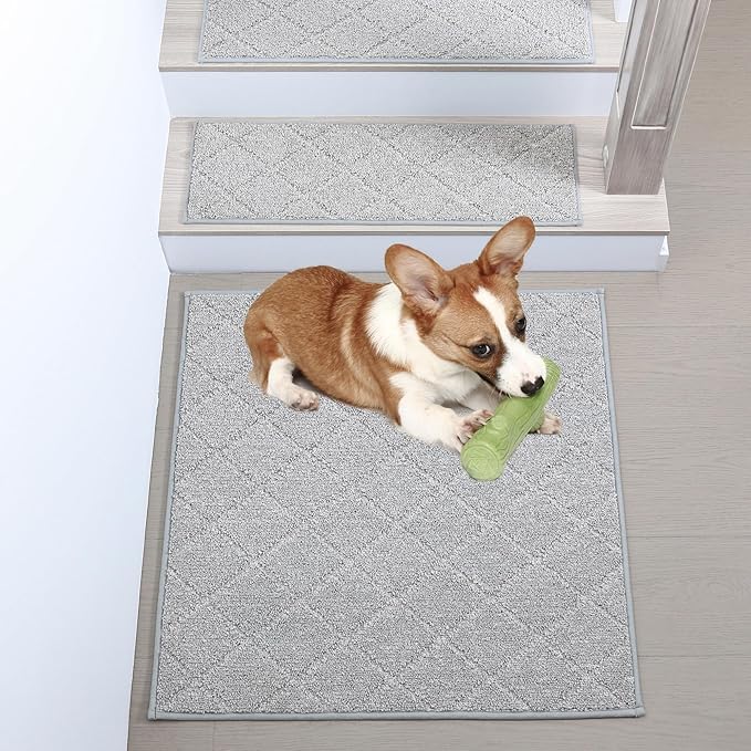 COSY HOMEER Edging Stair Treads Non-Slip Corner Indoor Stair Runners for Wooden Steps,Landing Slip Resistant Stair Rugs Mat for Kids and Dogs,100% Polyester TPE Backing,Grey,30x30 inch