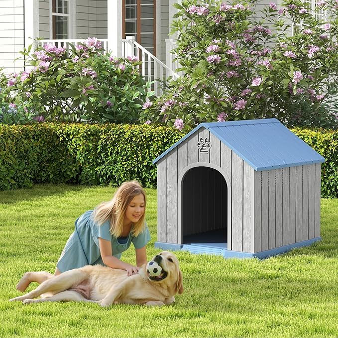 Large Dog House Outdoor Indoor for Medium Large Dogs, Durable Plastic Waterproof Doghouse with Air Vents and Elevated Floor, Easy Clean and Assemble (Blue, 36.2''LĆ38''WĆ38''H)