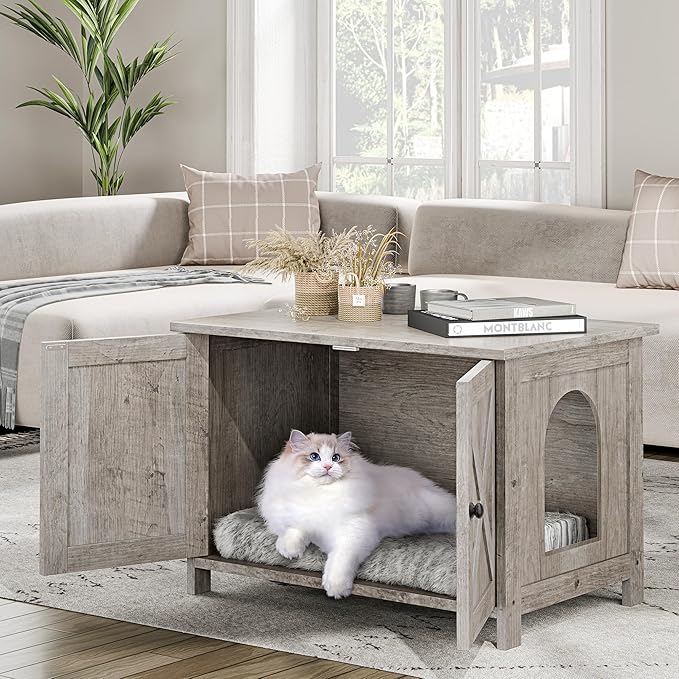 JY QAQA Cat Litter Box Enclosure,Litter Box Furniture Hidden with Barn Door,Wooden Washroom Furniture,Cat House,Fit Most of Litter Box
