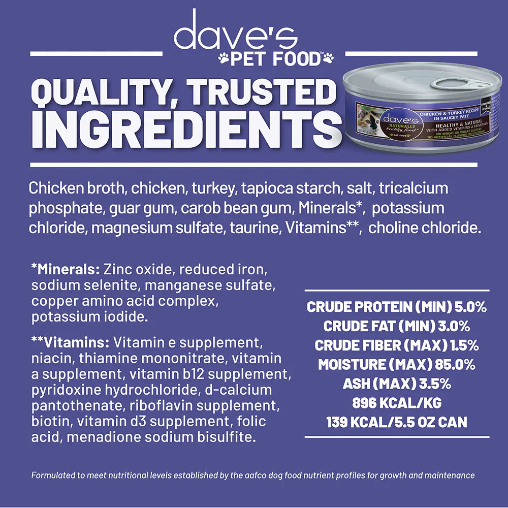 Dave's Chicken & Turkey Recipe in Saucey Paté Wet Cat Food (5.5oz)
