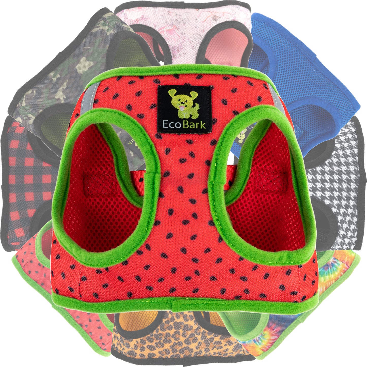 EcoBark Step In Dog Harness - XXXS to Medium Breeds- Reflective Soft Mesh Harness for Teacup, Small Dogs and Puppies / Black w/ Pink Piping / Watermelon
