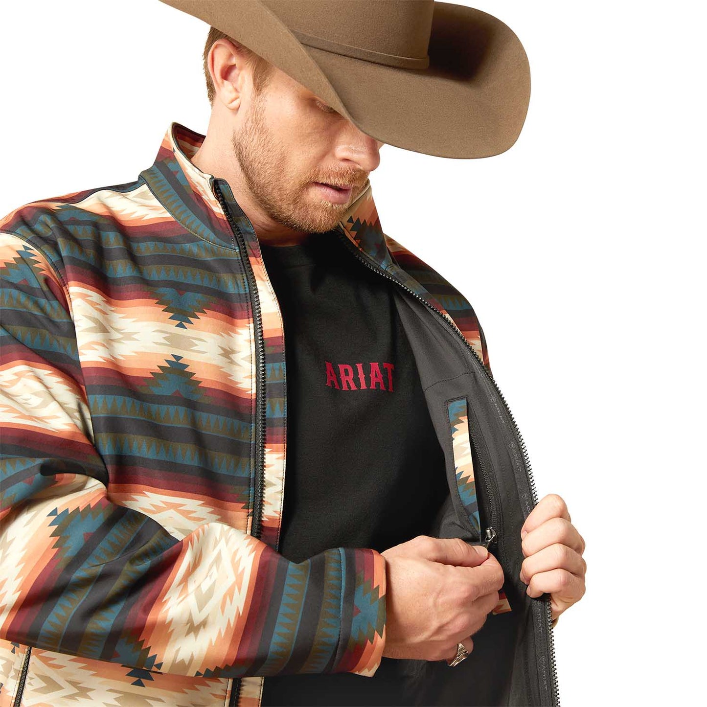 Ariat Mens Western Print Logo Softshell Jacket β Water-Resistant Stretch Lightweight Jacket