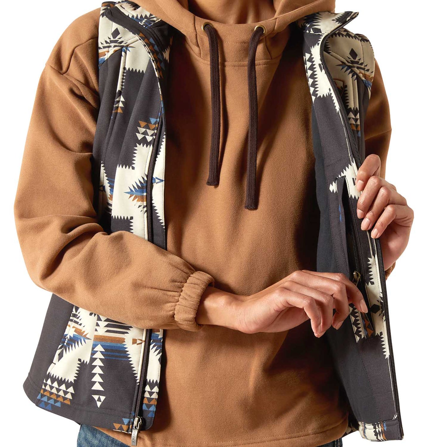 Ariat Womens Logo Softshell Western Print Vest β Durable Outdoor Layer with Zip Pockets
