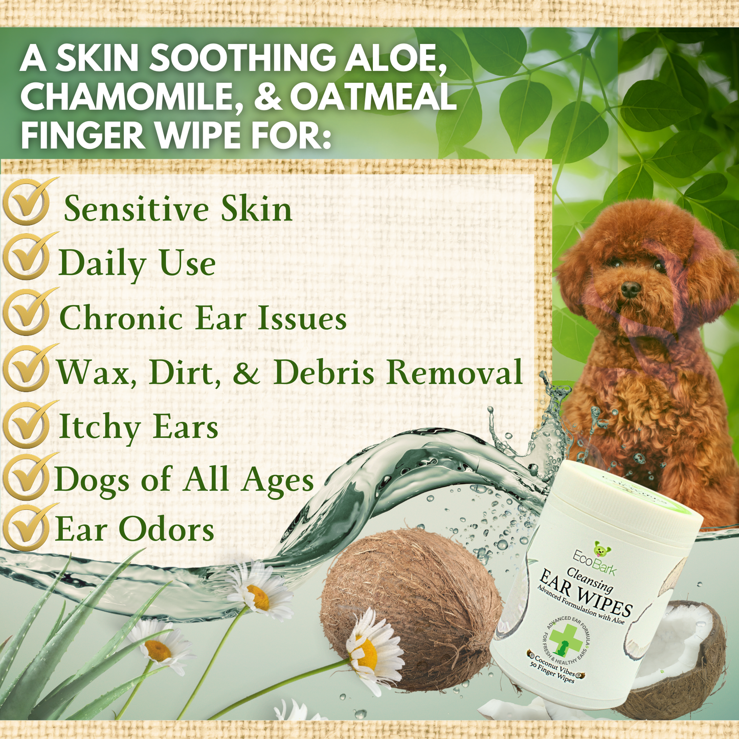 Dog Ear Wipes - Dog Ear Cleaning Wipes by EcoBark - Naturally Coconut Scented - 50 Count Finger Wipes For Puppies and Dogs