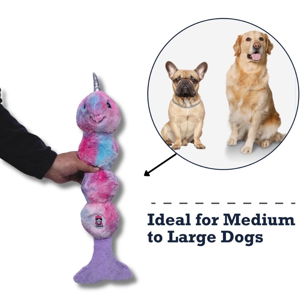 Tie Dye Skinny Narwhal Magical Creature Plush Dog Toy β with Squeaker & Crinkle Paper for Fun Play