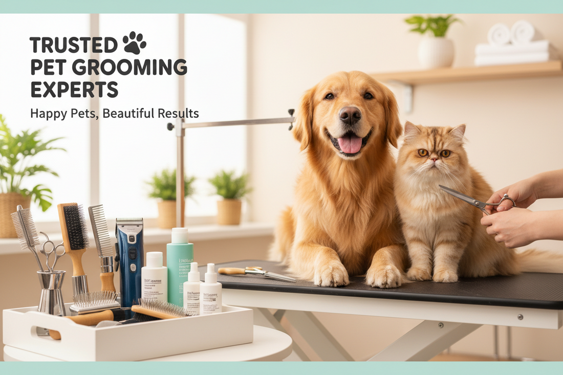 Cat and Dog with Grooming Products for Blog Post on The #1 Grooming Mistakes Pet Owners Make (And How to Avoid Them)