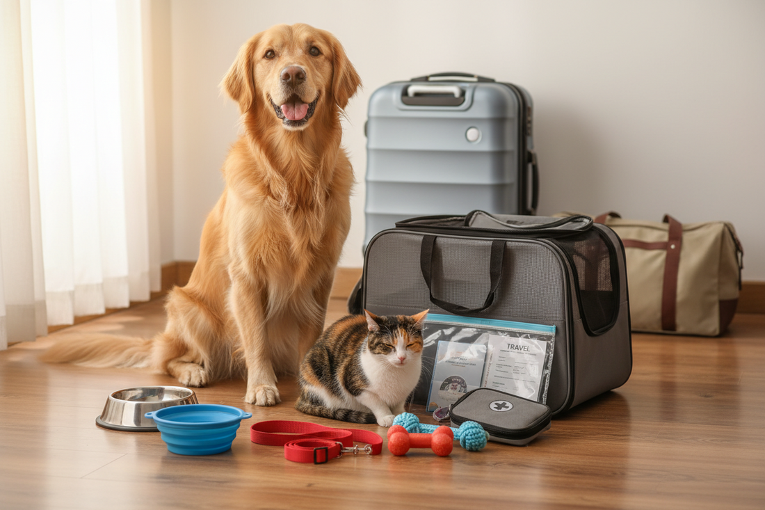 Dog and Cat with Travel Essentials for Blog Post on Traveling With Pets: Stress-Free Packing List & Safety Guide