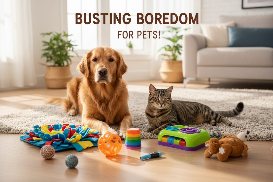 Cat and Dog with stimulating Tos for Blog Post on Why Your Pet Is Bored (And 7 Easy Ways to Fix It Today)