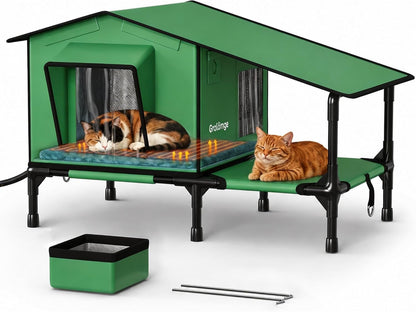 Heated Outdoor Cat House with Covered Terrace & Dual Exits