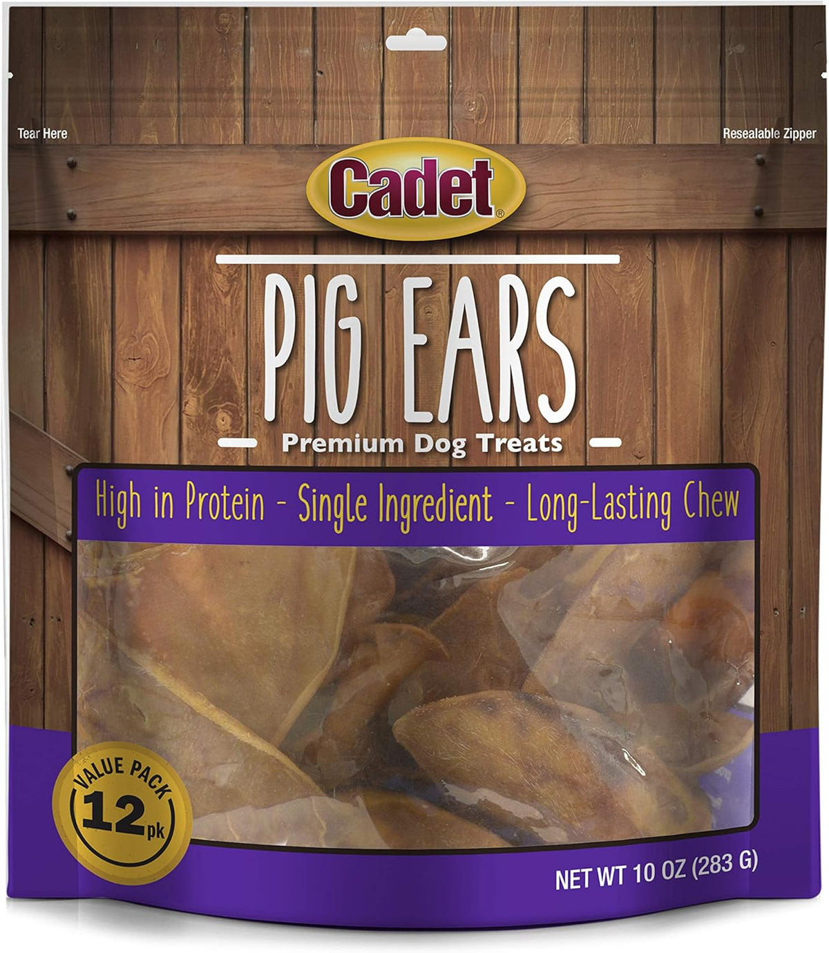 Cadet Natural Pig Ears for Dogs 12 Pack 100% Pork Oven Roasted Dental Chews