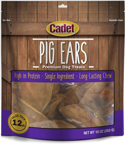 Cadet Natural Pig Ears for Dogs 12 Pack 100% Pork Oven Roasted Dental Chews