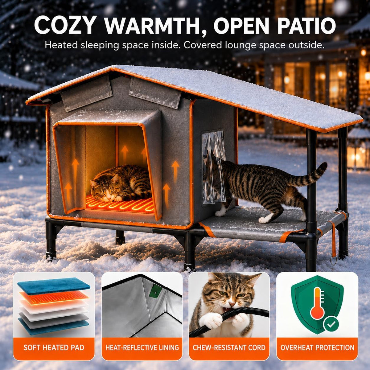 Heated Outdoor Cat House with Covered Terrace & Dual Exits