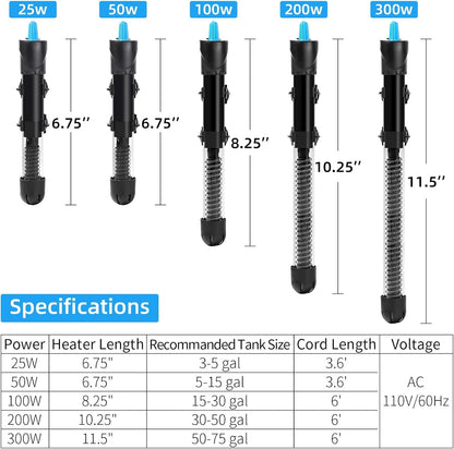 Aquarium Heater 25W-300W Adjustable Submersible Thermometer