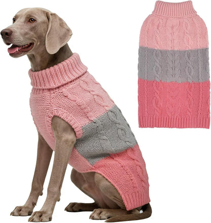 Color Block Cable Knit Dog Sweater – Turtleneck Pullover XS–XL