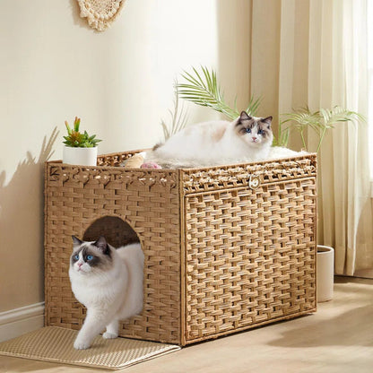 Boho Handwoven Rattan Hidden Litter Box Furniture | Washable Tray & Litter Mat Included