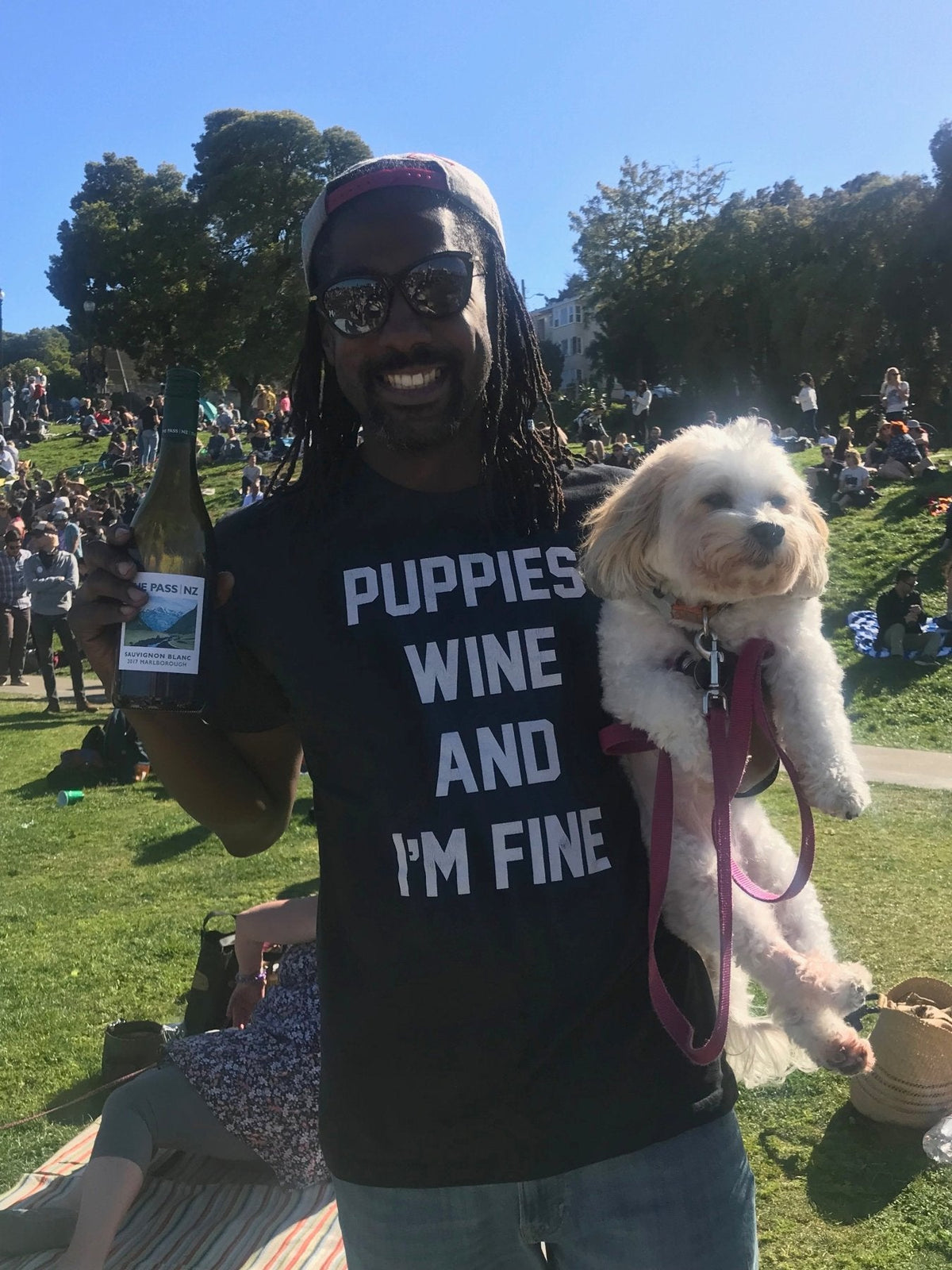Puppies Wine & I'm Fine Unisex Crewneck Tee | Gift for Dog Moms | Wine Lovers