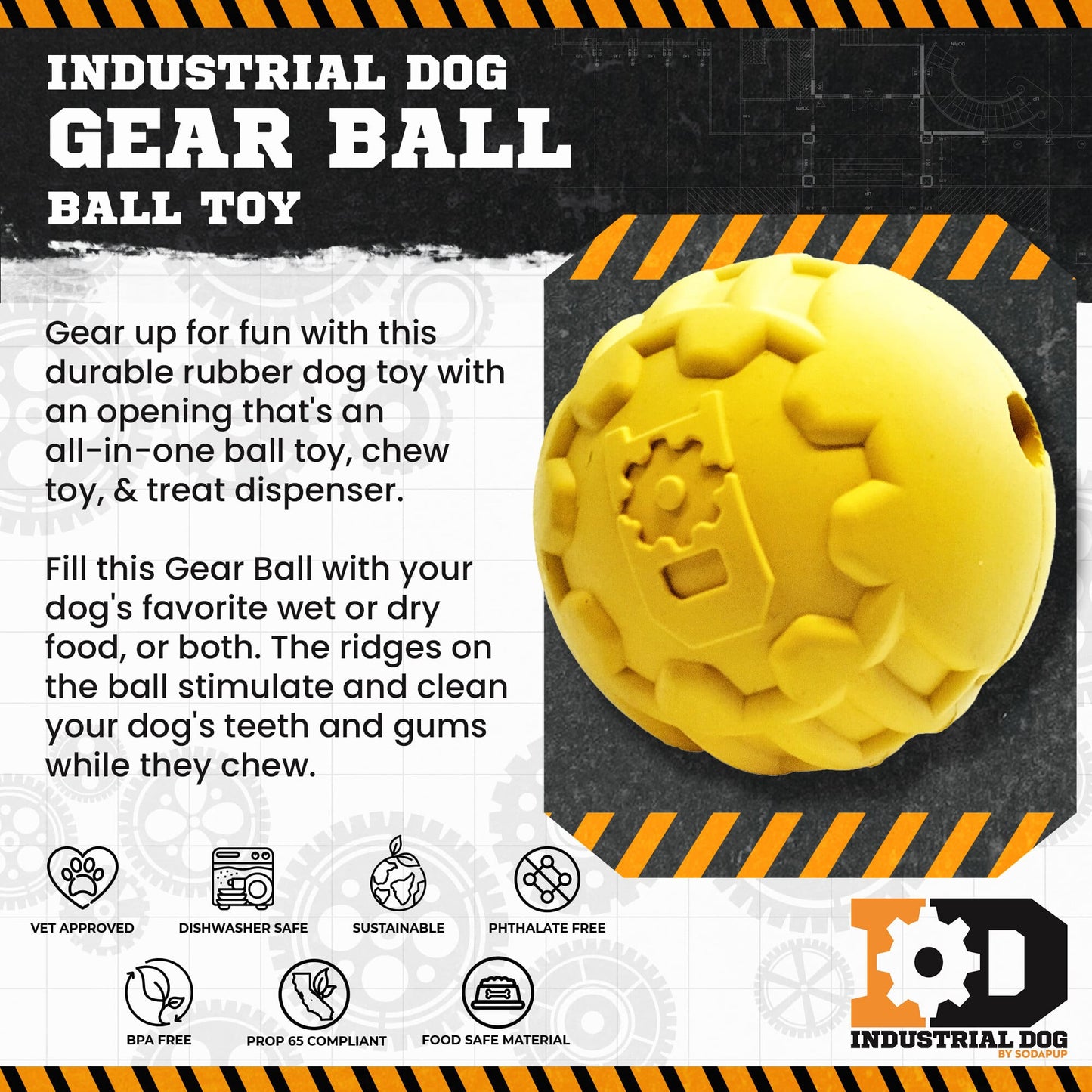 Industrial Dog Ball Rubber Chew Toy for Heavy Chewers | Yellow | USA Made | SodaPup