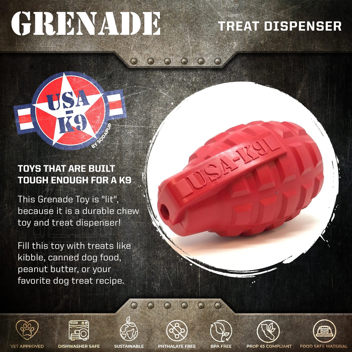 Grenade Shaped eDispenser Durable Dog Chew Toy & Treat Dispenser - Magnum Black
