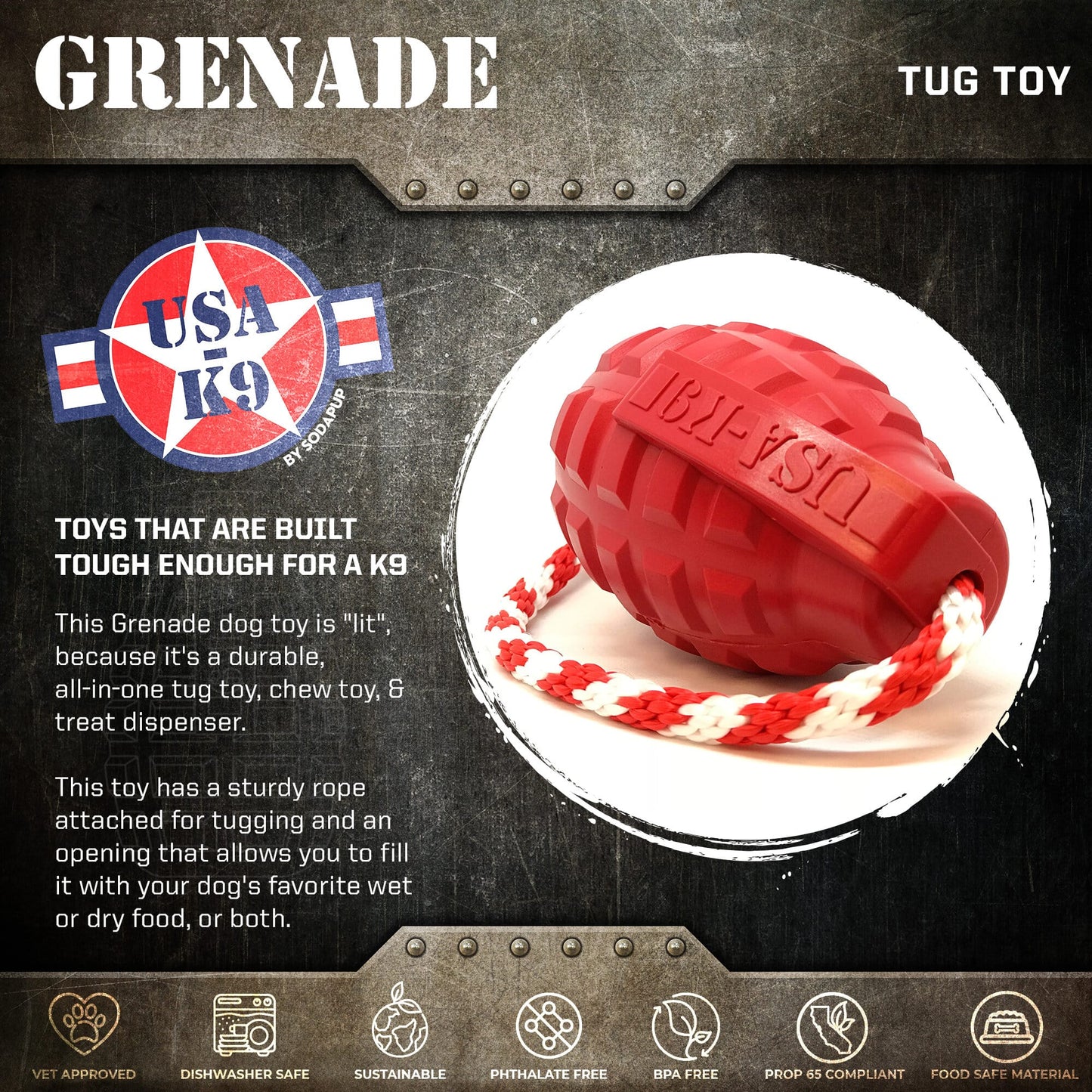 USA-K9 Grenade Shaped Rubber Dog Toy - Chew, Treat Dispenser & Tug Toy | USA