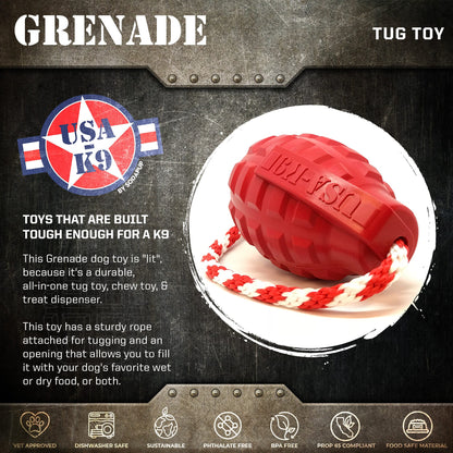 USA-K9 Grenade Shaped Rubber Dog Toy - Chew, Treat Dispenser & Tug Toy | USA